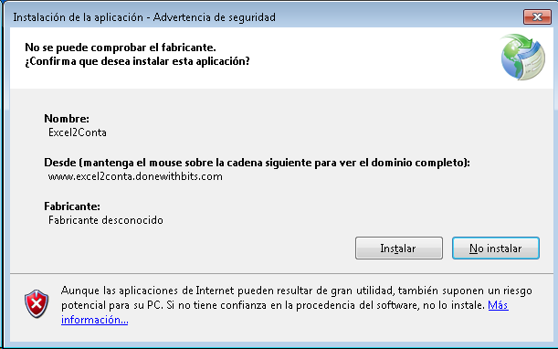 Ventana de aviso al abrir el instalador en Windows 7/Server 2008
